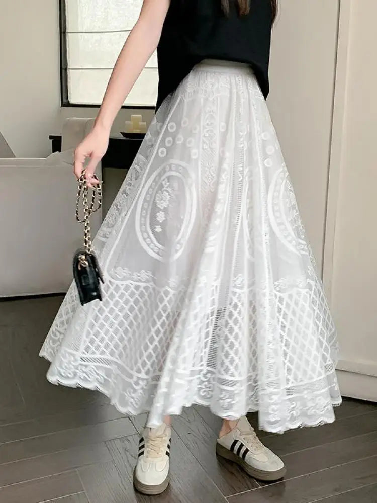 Spring Summer French Fashion Vintage Black White Lace Slim Holiday Long Skirt Women Beige High Waist Elegant Party Pleated Skirt