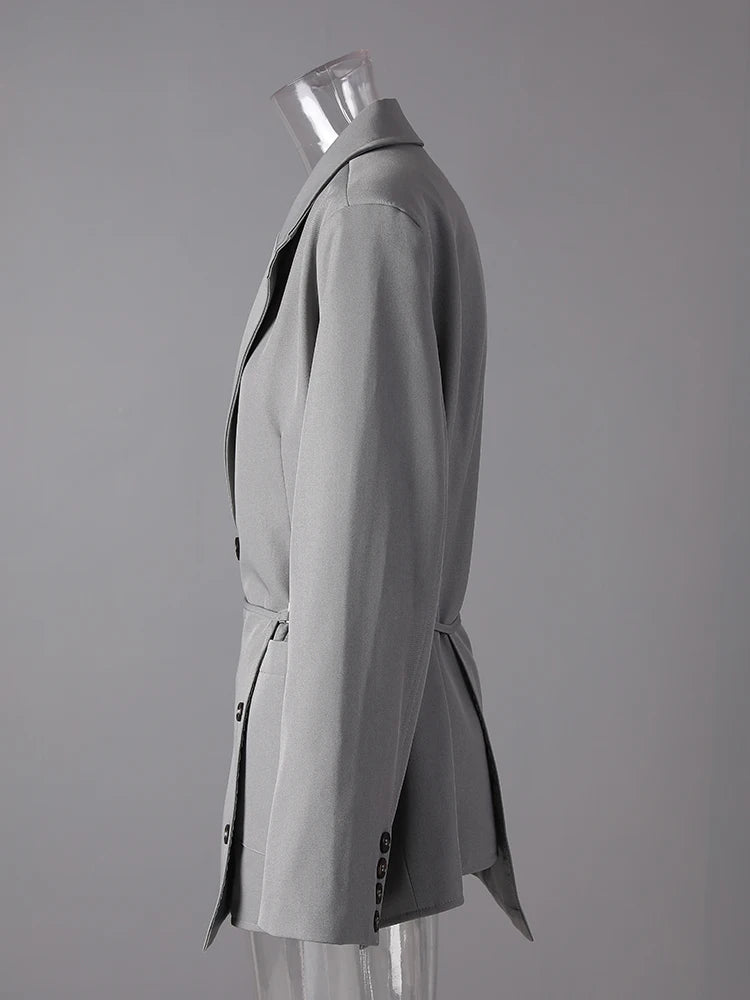 Women Gray Irregular Spliced Big Size Elegant Blazer New Lapel Long Sleeve Jacket Fashion Tide Spring Autumn 2025 7AB8229