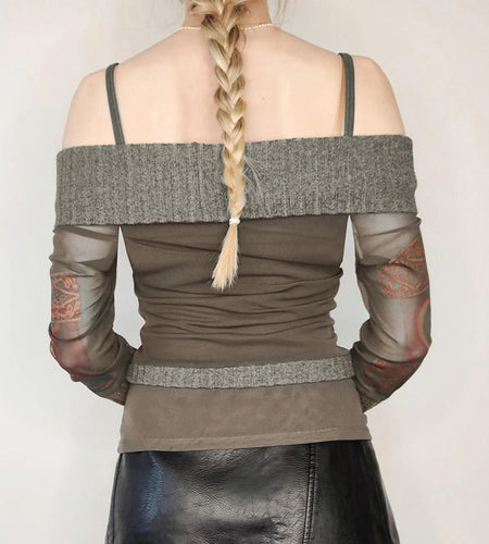 Vintage Mesh Patchwork Autumn T shirt Female Transparent Fairycore Off Shoulder Pullover Print Contrast Top Aesthetic