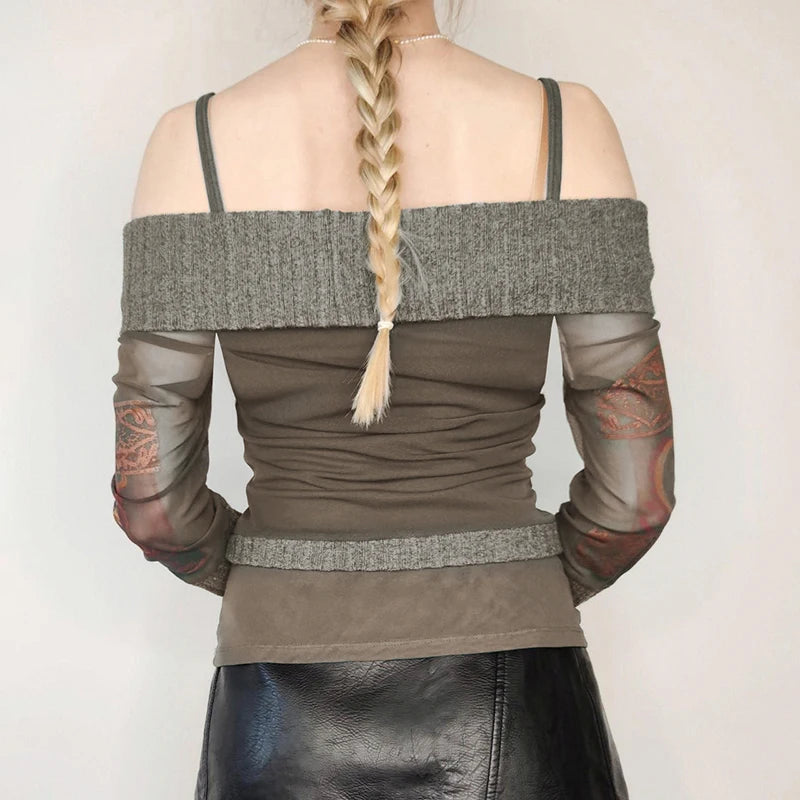 Vintage Mesh Patchwork Autumn T shirt Female Transparent Fairycore Off Shoulder Pullover Print Contrast Top Aesthetic