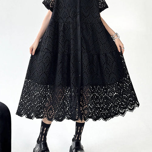 Load image into Gallery viewer, Women Black Lace Hollow Out Big Size Midi Shirt Dress New Lapel Short Sleeve Fashion Tide Spring Summer 2025 1DJ1166
