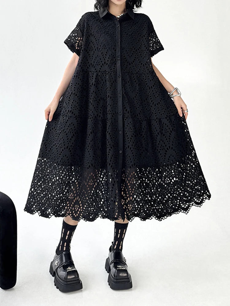 Women Black Lace Hollow Out Big Size Midi Shirt Dress New Lapel Short Sleeve Fashion Tide Spring Summer 2025 1DJ1166