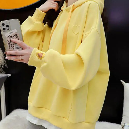 Load image into Gallery viewer, Heart Embroidery Hooded Pockets Sweatshirt Women Long Sleeve Tops Korean Office Loose Autumn Oversize Pullover Hoodie Ladies
