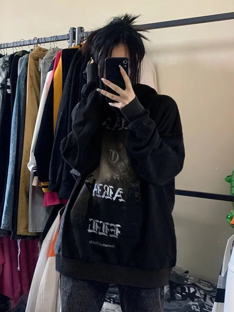 Deeptown Gothic Goth Dark School Dark Academy Hoodie Harajuku Women 2023 Autumn Streetwear Black Long Sleeve Top Pullover