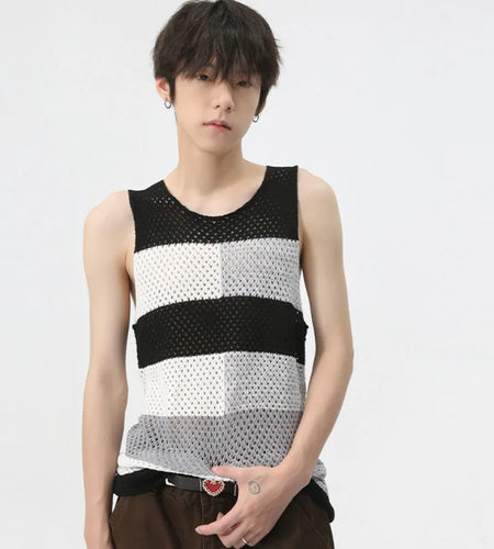 Korean Mesh Patchwork Multi Color Hollow-out Knit Sleeveless Top 2025 Spring Male Vest Trendy Strioe Clothing 9C6021