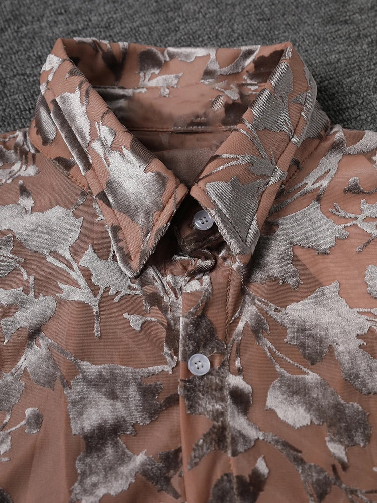 Women Pattern Printed Flocking Big Size Elegant Blouse New Lapel Long Sleeve Shirt Fashion Tide Spring Autumn 2025 CPG2802