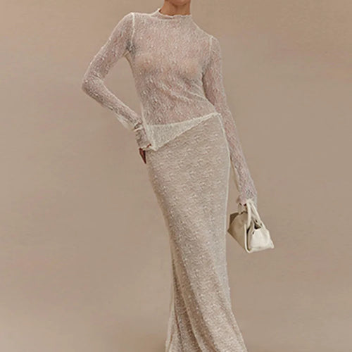 Load image into Gallery viewer, Fashion Lace Long Sleeved Round Neck Top Skirt Two-piece Set For Women 2024 Autumn Winter New Transparent T-shirt Set
