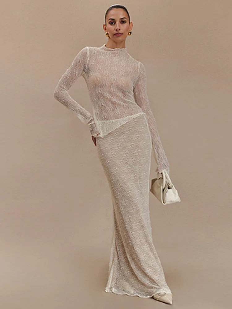 Fashion Lace Long Sleeved Round Neck Top Skirt Two-piece Set For Women 2024 Autumn Winter New Transparent T-shirt Set