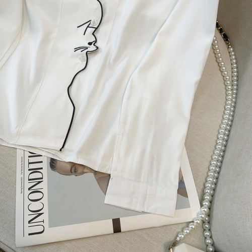 Load image into Gallery viewer, Spring French Retro Women White Girls Cute Cat Embroidery Single Breasted Blouses Casual Lapel Long Sleeved Festival Shirt Trend
