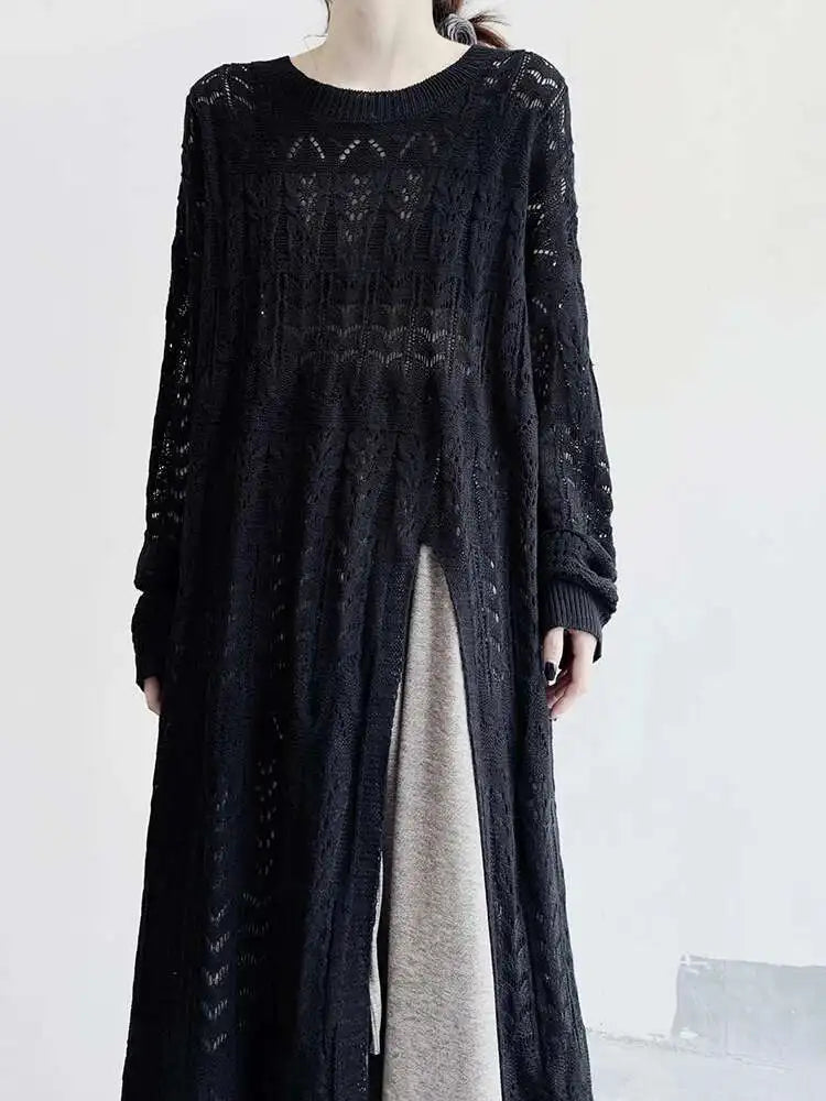 Women Black Big Size  Hollow Out Long Sweater Dress New Round Neck Long Sleeve Fashion Tide Spring Autumn 2025 1DJ0404