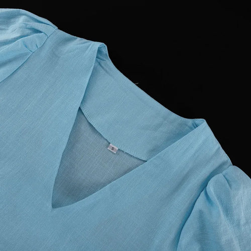 Load image into Gallery viewer, Short Puff Sleeve Maxi Dress For Women Fashion Autumn New Blue V Neck Loose Basic Casual Long Dress Elegant Gown
