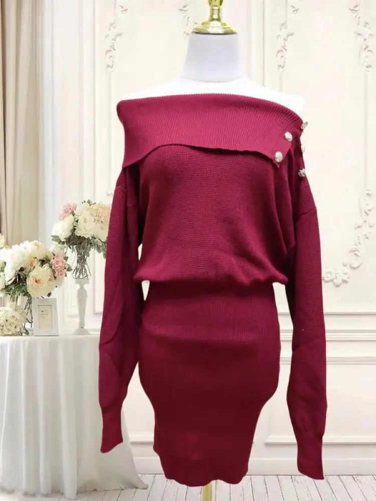 Autumn Winter Vintage Solid Elegant Off Shoulder Long Sleeve Mini Dress Women French High Waist Button Knitted Mini Dress Simple