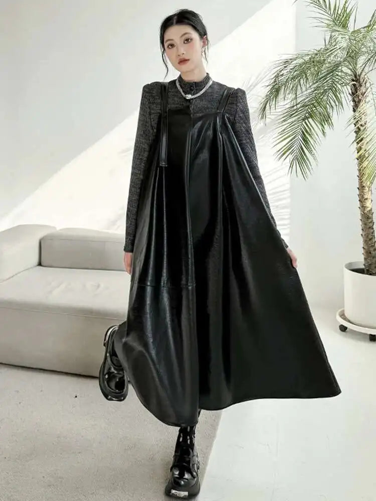 Women Black Pu Leather Big Size Casual Strap Dress New Square Collar Sleeveless Fashion Tide Spring Autumn 2025 1DH5160