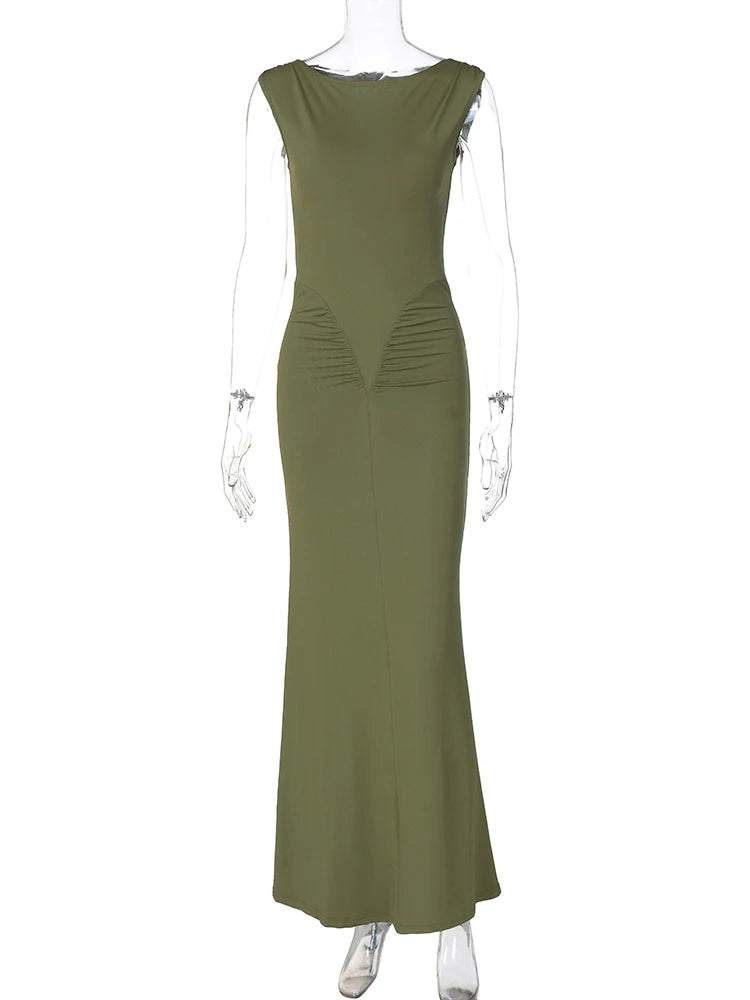 Elegant Solid Sleeveless Draped Sexy Bodycon Maxi Prom Dress Summer Women Fashion Y2K Clothes Wedding Birthday Party