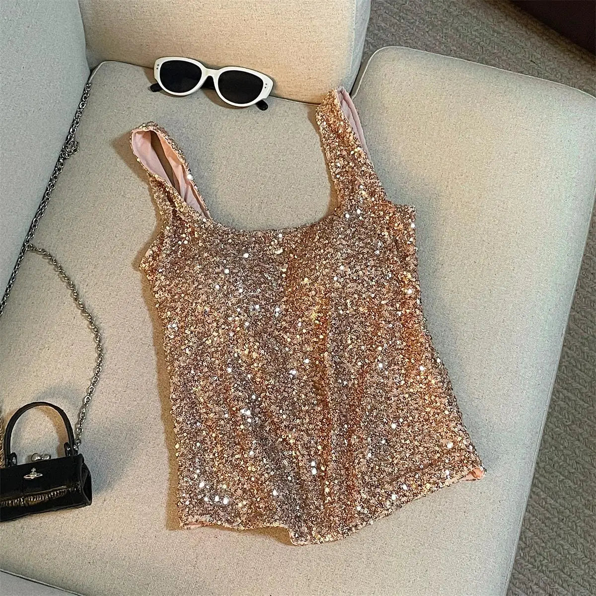 Vintage Black Beige Sequins Round Neck Backless Vest Women's 2024 Summer New Fashion Pink Elegant Sleeveless Tank Tops Vacation