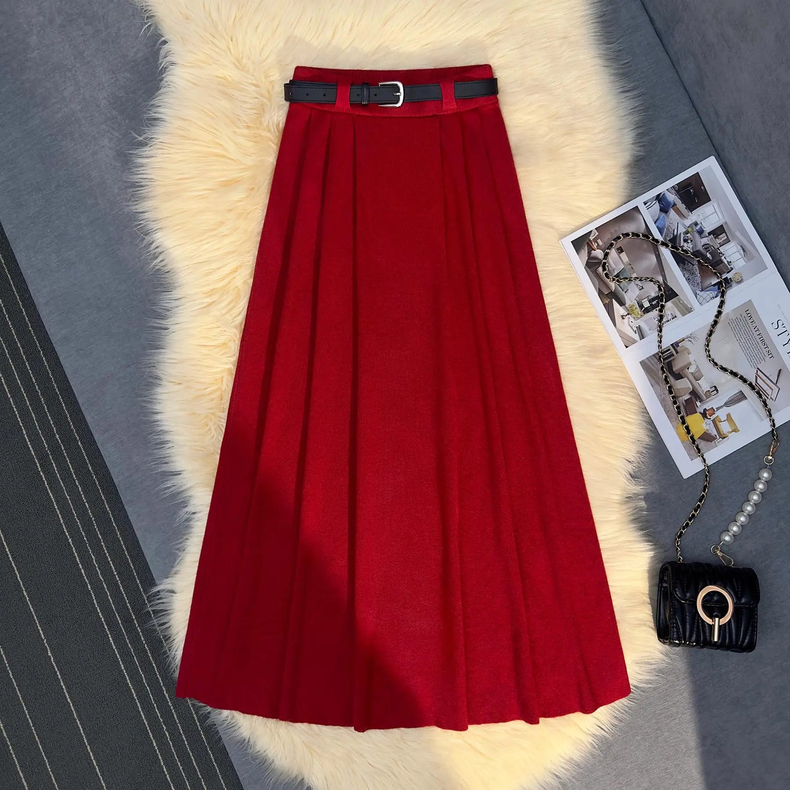 Korean Fashion Vintage Women Solid Elegant High Waist Party Long Skirts 2024 Autumn Winter A-line Pleated Knit Skirt Streetwear