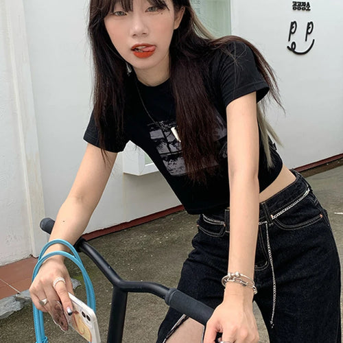 Load image into Gallery viewer, 90s Black Gothic Harajuku Vintage Grunge Graphic Slim Fit Short Crop Top Women's Streetwear Sexy Summer Y2K Punk Casual T-Shirt
