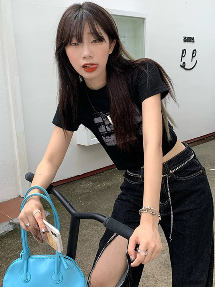 90s Black Gothic Harajuku Vintage Grunge Graphic Slim Fit Short Crop Top Women's Streetwear Sexy Summer Y2K Punk Casual T-Shirt