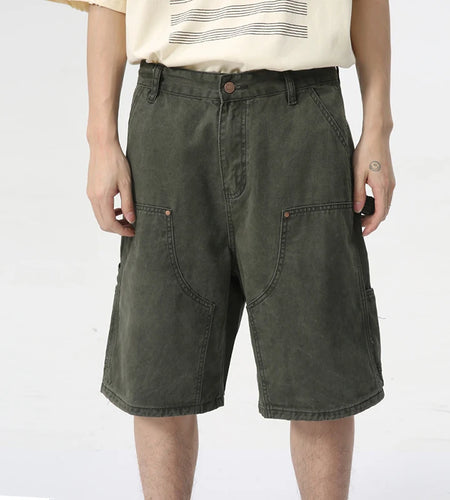 Men's Wear Knee Length Denim Shorts Summer Multi Pocket Loose Jeans Solid Color Japanese Style Male Overalls 9C6027