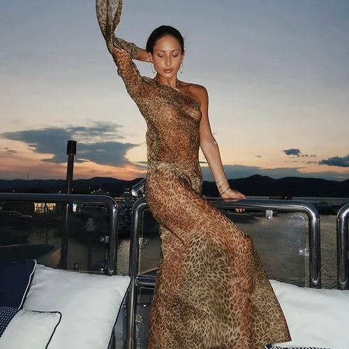 Load image into Gallery viewer, One Shoulder Leopard Print Maxi Dress Women Inclined Shoulder Backless Beach Holiday Vacation Club Sexy Long Dress
