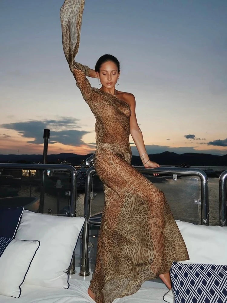 One Shoulder Leopard Print Maxi Dress Women Inclined Shoulder Backless Beach Holiday Vacation Club Sexy Long Dress