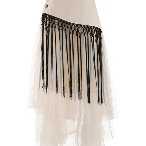 Load image into Gallery viewer, High Waist Apricot Irregular Mesh Long Elegant Tassels Half-body Skirt Women Fashion Tide New Spring Autumn 2025 1DF1950
