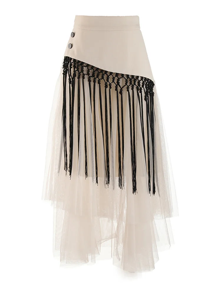 High Waist Apricot Irregular Mesh Long Elegant Tassels Half-body Skirt Women Fashion Tide New Spring Autumn 2025 1DF1950