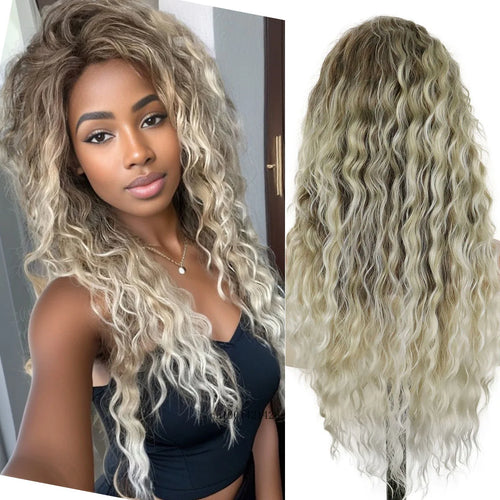 Load image into Gallery viewer, Synthetic Hair Long Curly Wigs for Black Women Gradient Color Blonde Wigs with Side Bangs Big Volume Hair Wigs Natural Hairstyle
