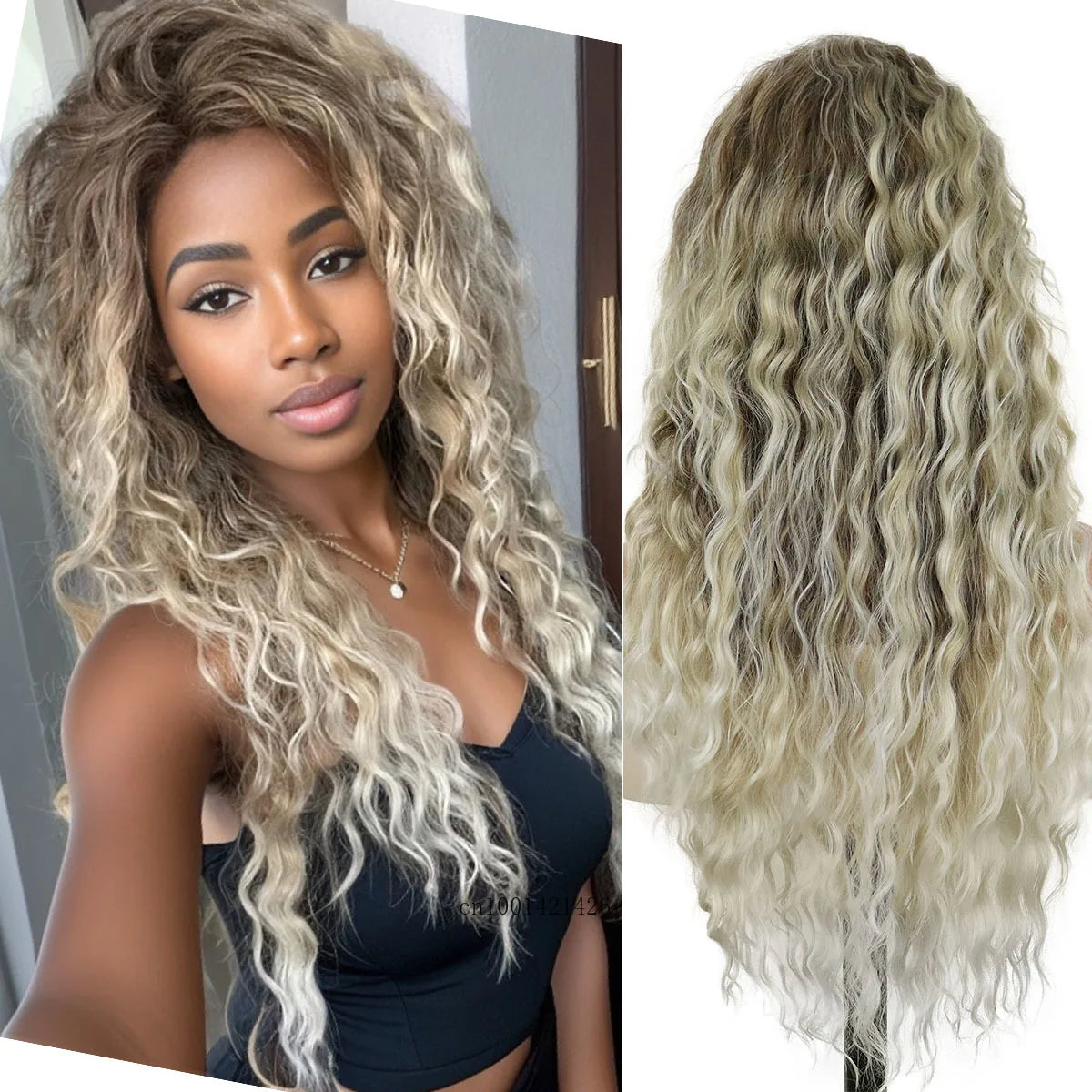 Synthetic Hair Long Curly Wigs for Black Women Gradient Color Blonde Wigs with Side Bangs Big Volume Hair Wigs Natural Hairstyle