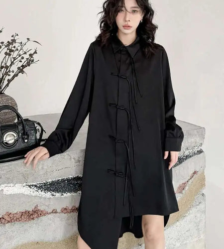 Women Black Irregular Hem Buckle Tassels Elegant Shirt Dress New Lapel Long Sleeve Fashion Tide Spring Autumn 2025 1DH4457