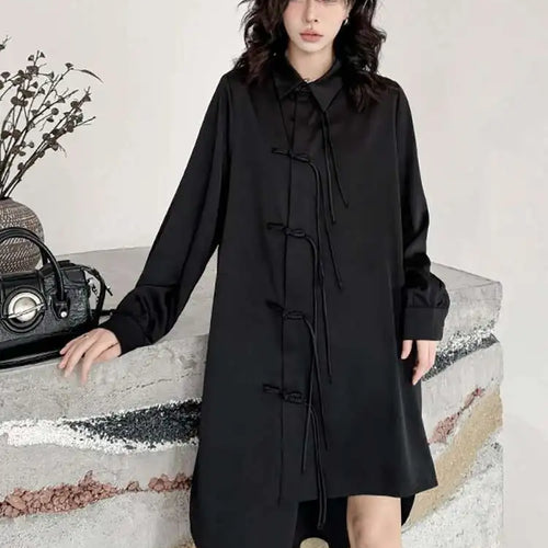 Load image into Gallery viewer, Women Black Irregular Hem Buckle Tassels Elegant Shirt Dress New Lapel Long Sleeve Fashion Tide Spring Autumn 2025 1DH4457
