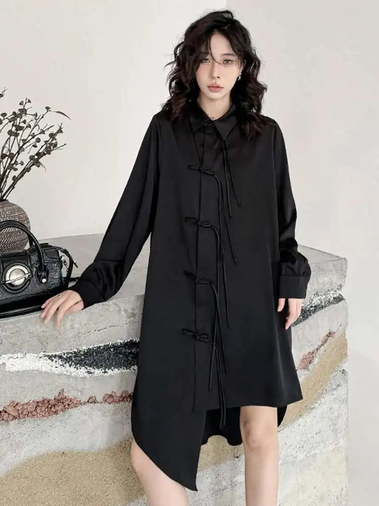 Women Black Irregular Hem Buckle Tassels Elegant Shirt Dress New Lapel Long Sleeve Fashion Tide Spring Autumn 2025 1DH4457