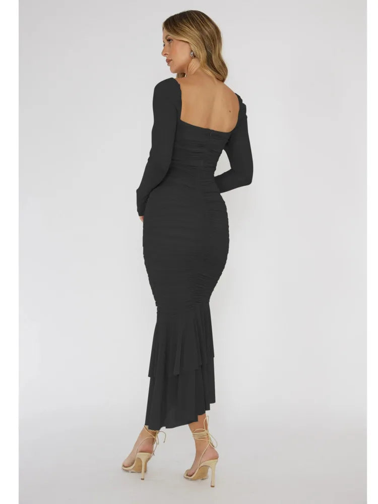 Fashion Mesh Patchwork Long Sleeved Dress Women's Double Fold Bandage Slim Fit Vesidos Elegant Party Evening Dress 2024