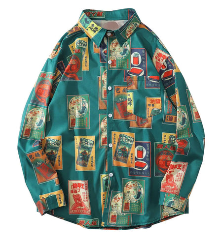 Hawaiian Beach Shirts Harajuku Vintage Poster Print Long Sleeve Aloha Party Holiday Shirt Mens Casual Button Down Tops