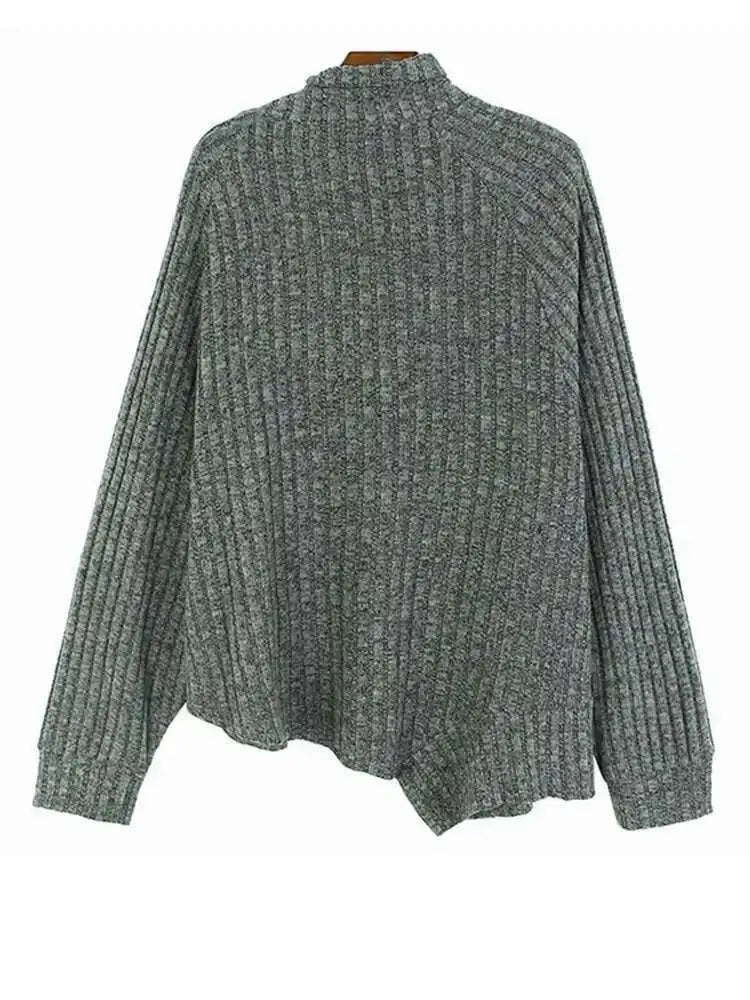 Gray Irregular Big Size Knitting Sweater Turtleneck Long Sleeve Women Pullovers New Fashion Spring Autumn 2025 1DH6800
