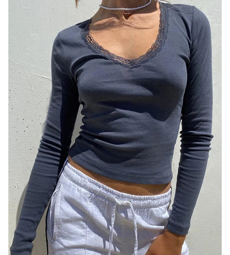 y2k Lace Top 2000s Aesthetic Women Solid Color V Neck Long Sleeve Tshirt Korean Fashion Clothes Basic Sweats Streetwear