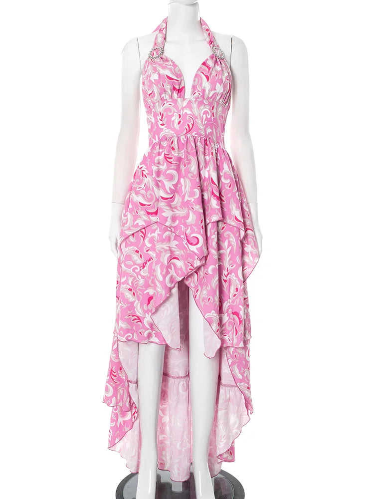 Print Halter Ruffled Sexy Maxi Dress Women Fashion V Neck Sleeveless High Waist Backless Beach Club Party Long Dress