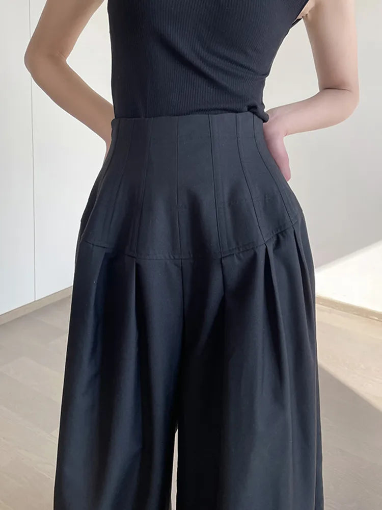 Oversize Wide Leg Pants For Women Gathered Waist Spliced Ruched Casual Solid Long Trousers Female Clothing Summer