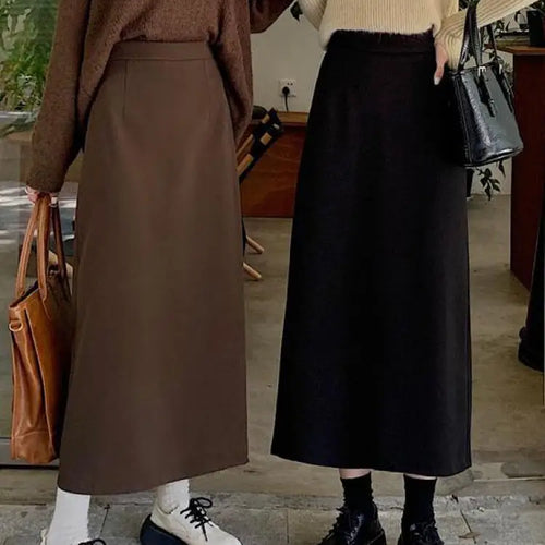 Load image into Gallery viewer, Autumn Brown Woolen Straight Long Skirts Women Black Casual Elegant Females Warm A-line Elastic High Waist Skirt Korean Fashion
