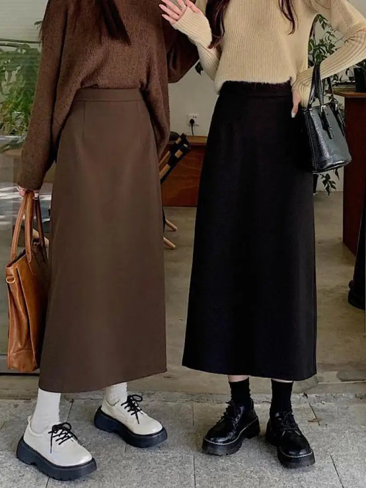Autumn Brown Woolen Straight Long Skirts Women Black Casual Elegant Females Warm A-line Elastic High Waist Skirt Korean Fashion
