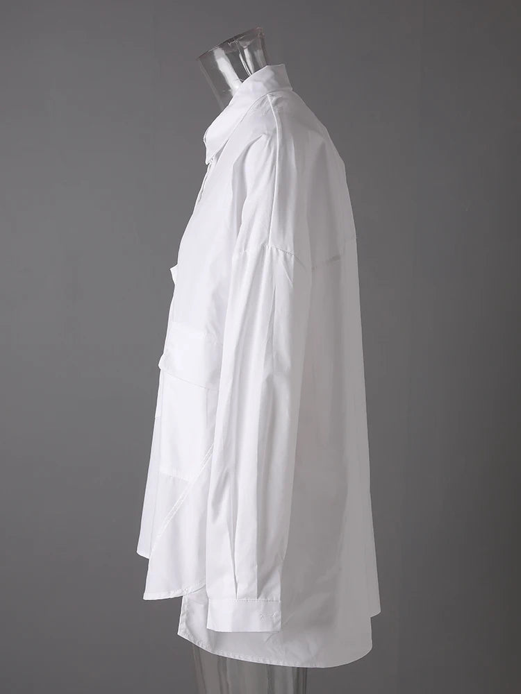 Women White Pocket Spliced Big Size Casual Blouse New Lapel Long Sleeve Shirt Fashion Tide Spring Autumn 2025 30A1910