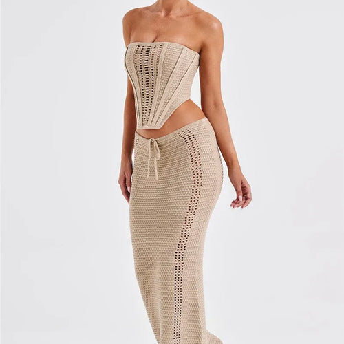 Load image into Gallery viewer, Elegant Knit Skirt Two Piece Sets Women Strapless Bandage Crop Tops And Maxi Skirt Femme Lace Up Sexy Ttwo Piece Sets
