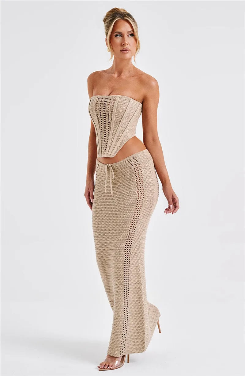 Elegant Knit Skirt Two Piece Sets Women Strapless Bandage Crop Tops And Maxi Skirt Femme Lace Up Sexy Ttwo Piece Sets