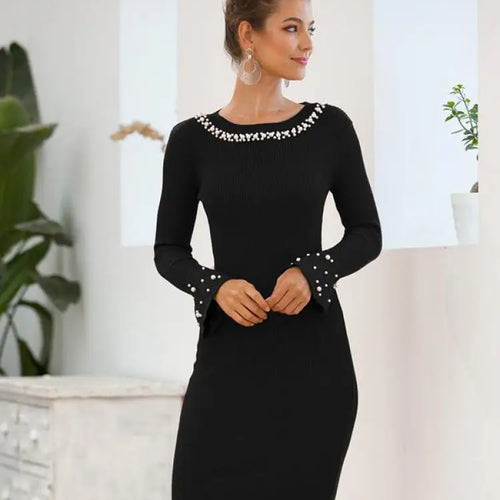 Load image into Gallery viewer, Green Red Bead Round Neck Long Sleeve Temperament Midi Dress Women Autumn Winter Black Office Lady Elegant Knitted Dresses Trend
