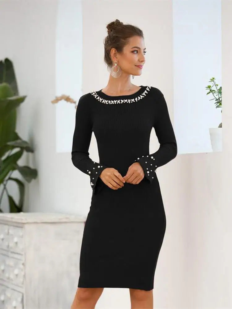 Green Red Bead Round Neck Long Sleeve Temperament Midi Dress Women Autumn Winter Black Office Lady Elegant Knitted Dresses Trend