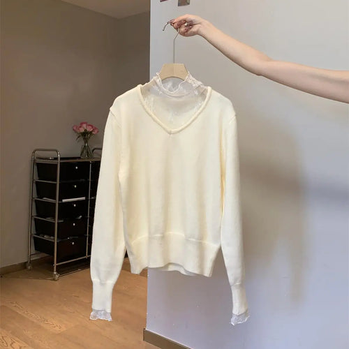 Load image into Gallery viewer, Autumn Winter New Solid Patchwork Lace Long Sleeved Knit Sweater Vintage Elegant Festival Half High Neck Pullover Slim Top Women
