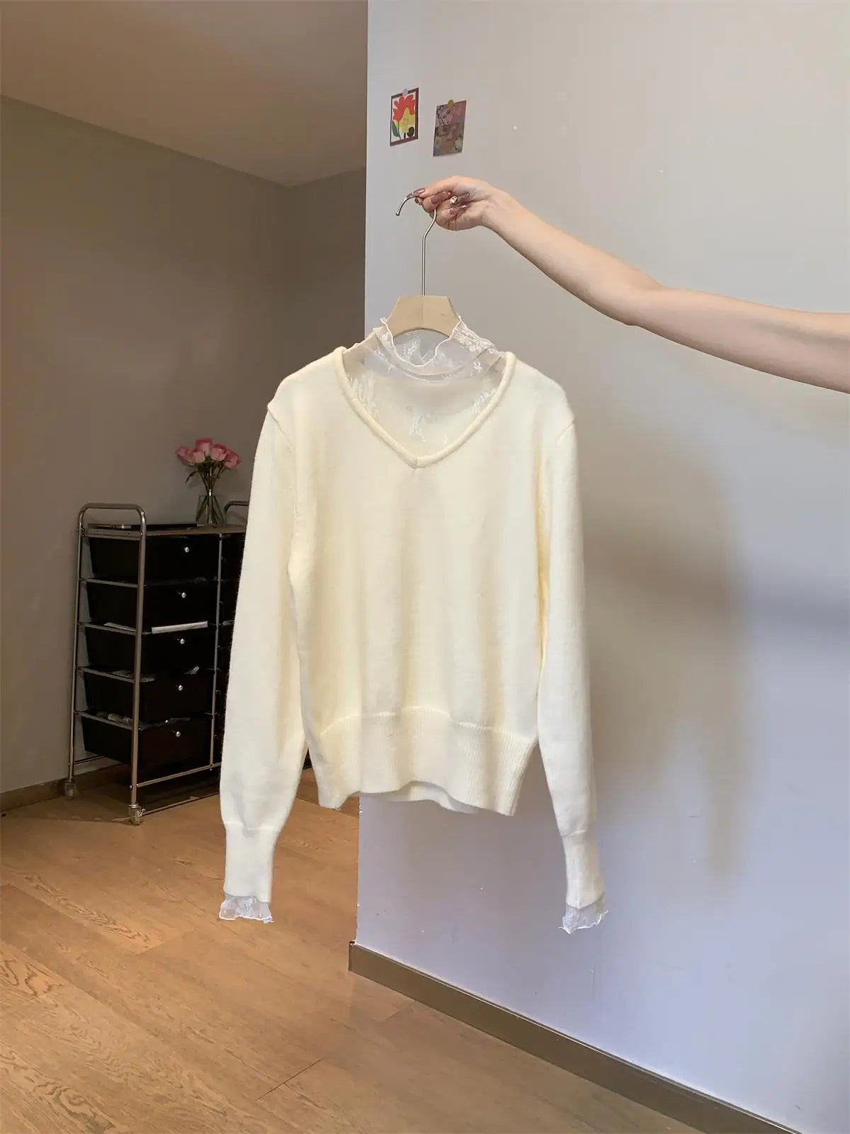 Autumn Winter New Solid Patchwork Lace Long Sleeved Knit Sweater Vintage Elegant Festival Half High Neck Pullover Slim Top Women