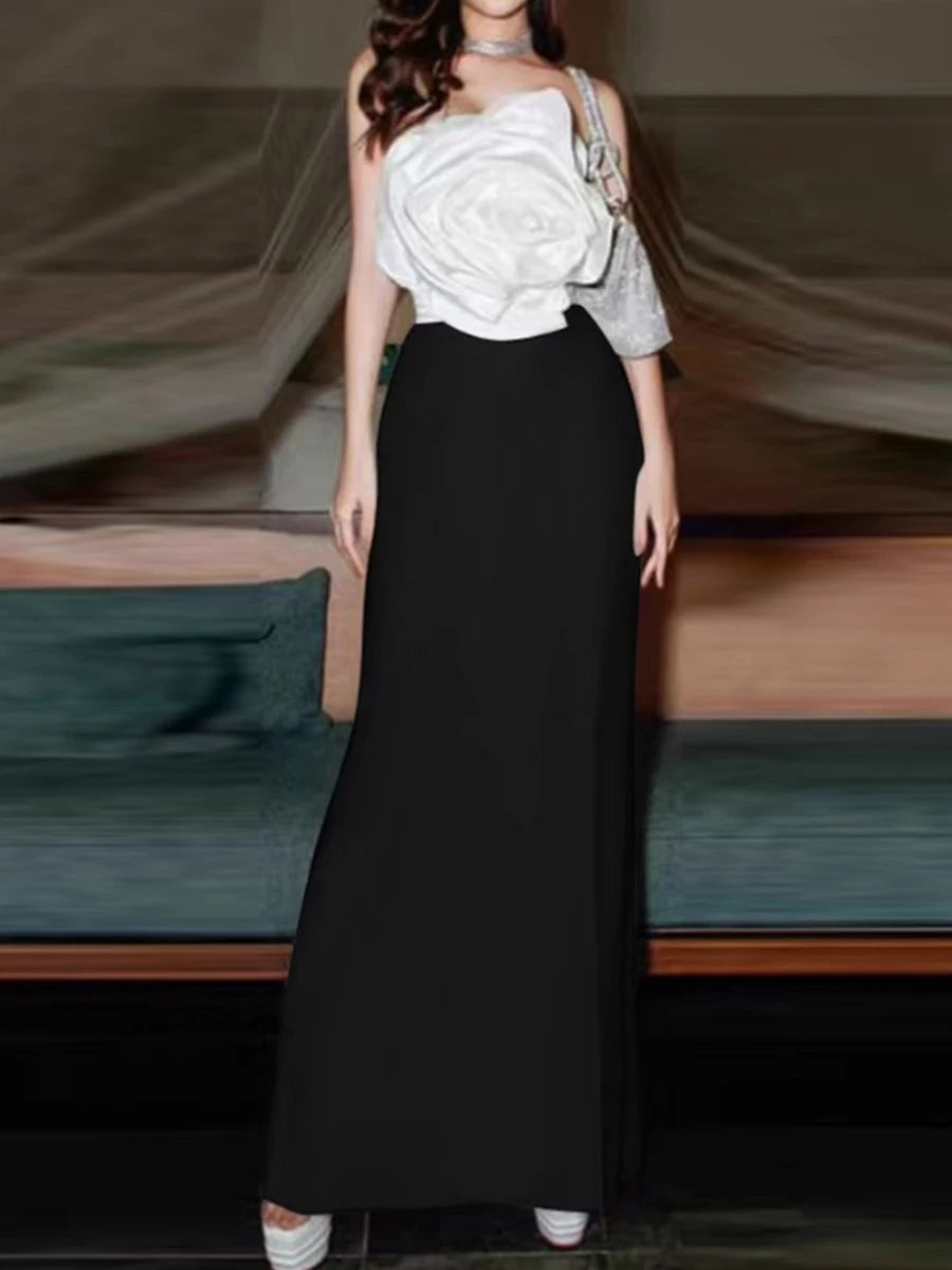 Hit Color Slimming Spliced Appliques Dresses For Women Strapless Sleeveless High Waist Temperament Dress Female New