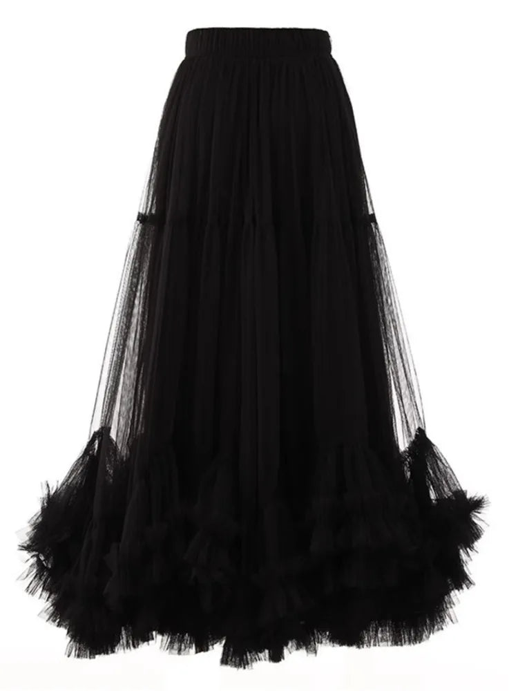 High Elastic Waist Red Mech Ruffles A-line Elegant Midi Half-body Skirt Women Fashion New Spring Autumn 2025 1DH2027