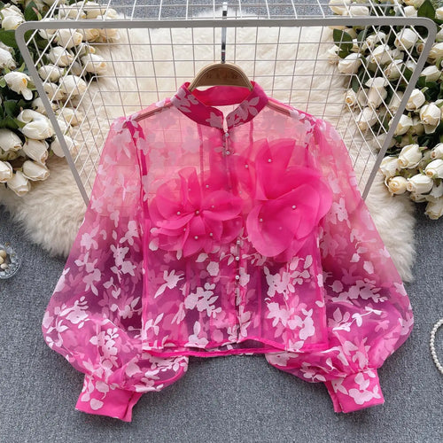 Load image into Gallery viewer, Autumn Women French Retro Mesh 3d Flower Design Blouse Long Sleeve 2023 Elegant Holiday Print Single Breasted Shirt Romantic Y2k
